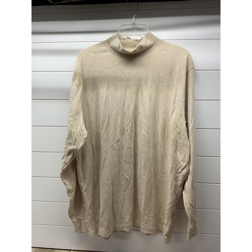 Lands End Mens XL Mock Neck Long Sleeve Shirt Oatmeal Heather Beige Cotton Top